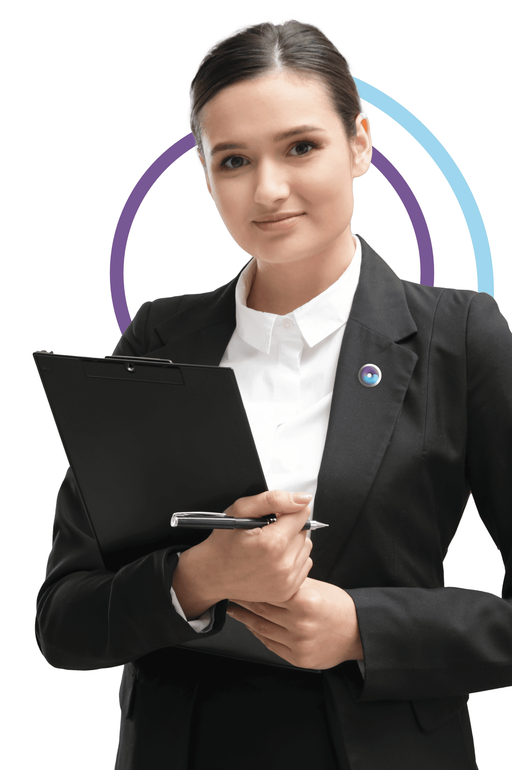 Businesswoman holding clipboard and pen.