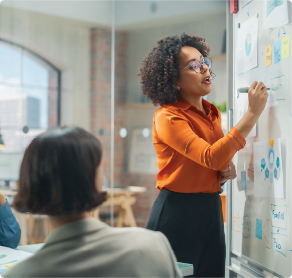 Woman leading a business meeting at whiteboard.