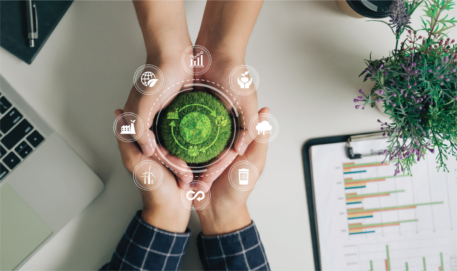 Hands holding green plant with eco symbols.