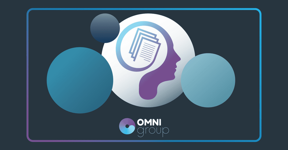 Omni Group logo with abstract head and documents.