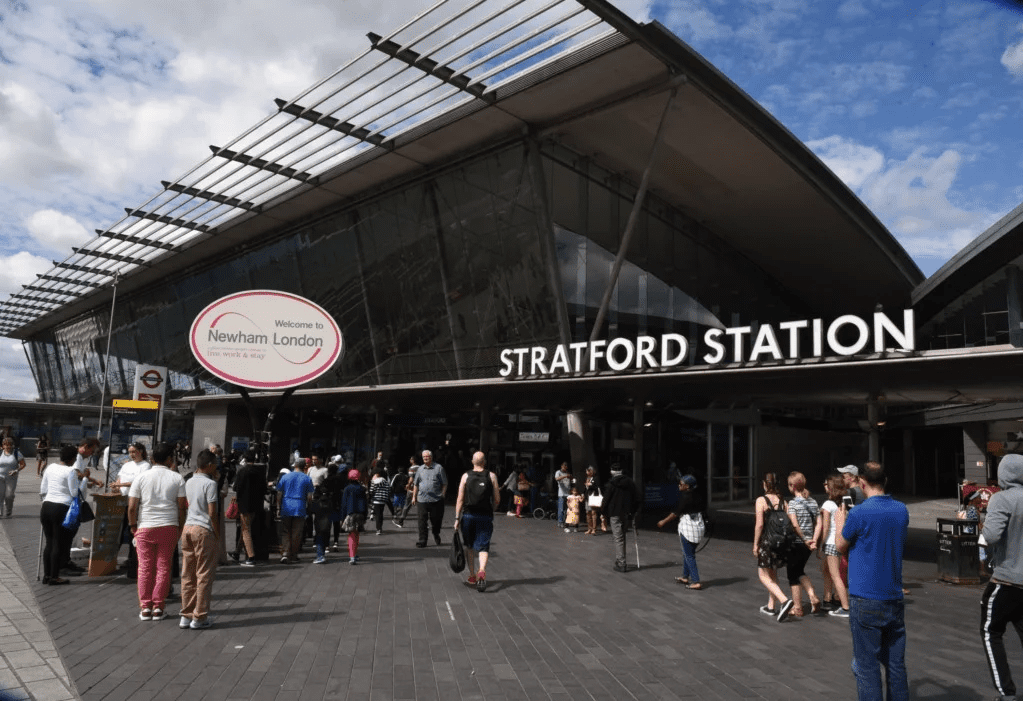 People outside Stratford Station in Newham, London