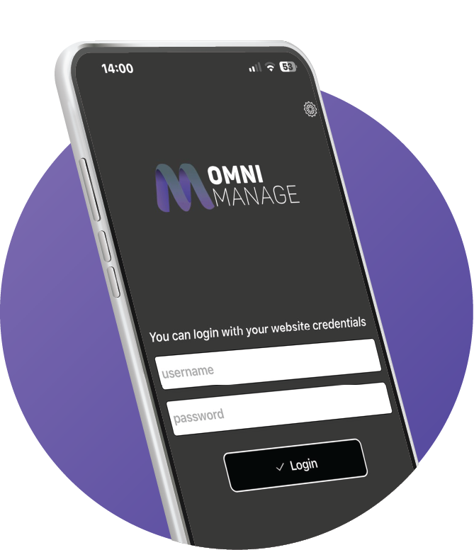 OMNI Manage app login screen on smartphone