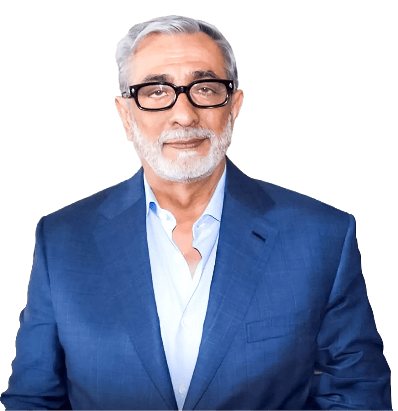 Man in blue suit and glasses smiling